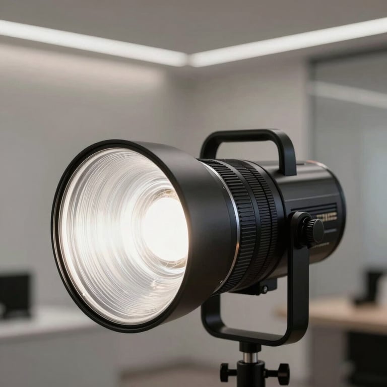 Detailed close-up of a high-end professional studio strobe light, clean lines, minimalist aesthetic in a luxury venue