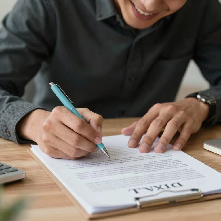 A person joyfully signing an employment contract at a desk with a light blue pen, symbolizing a fresh start and financial stability.