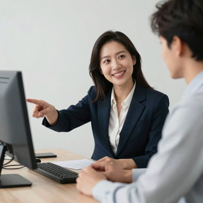A career counselor pointing at a monitor while smiling at a candidate, set in a clean, professional North American office environment.