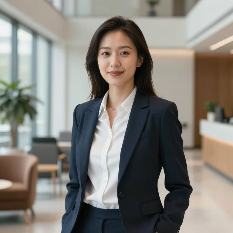 A professional portrait of a confident job candidate in business-casual attire, standing in a bright North American office lobby.