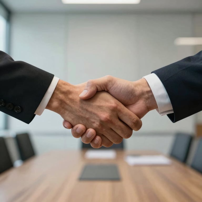 A close-up of two people shaking hands firmly in a modern boardroom, representing a successful job placement in the US.