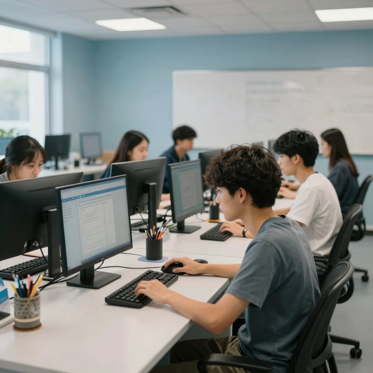 A bright, modern computer lab in a community center where individuals learn new skills, featuring light blue and off-white tones.