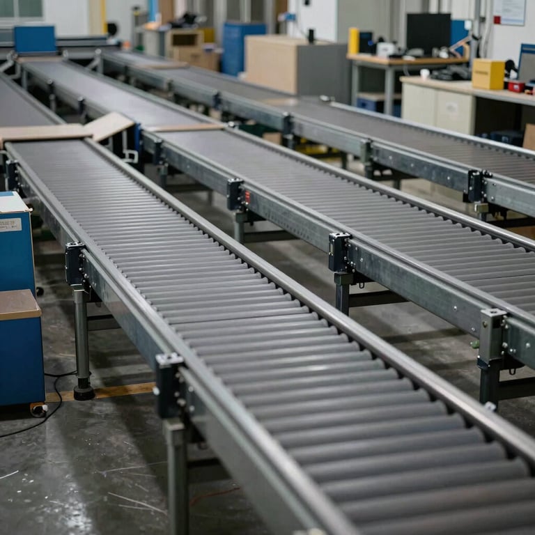 Detailed shot of an organized logistics sorting facility with automated conveyor belts.