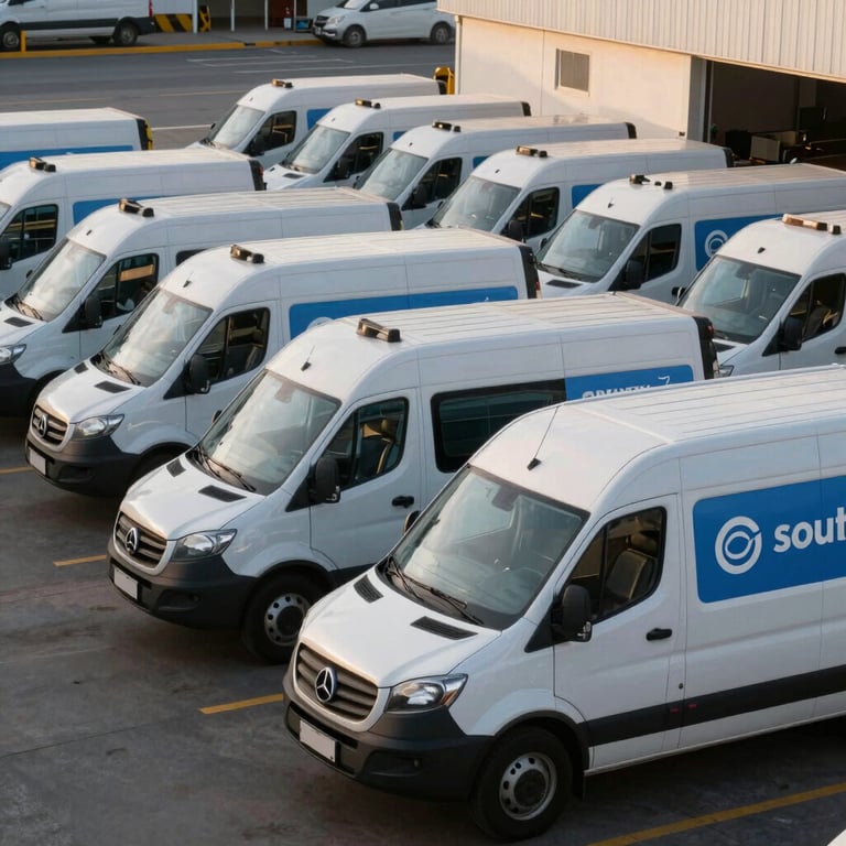A fleet of white and blue delivery vans parked in a row at a logistics hub in South America, morning light.