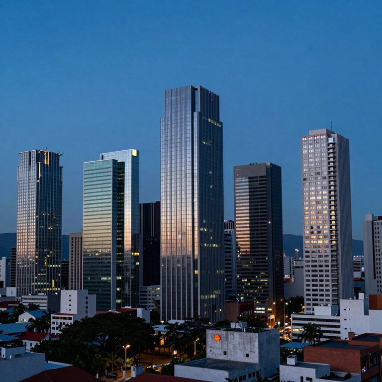 A view of a modern urban skyline in a South American business district at dusk, featuring deep blue sky.