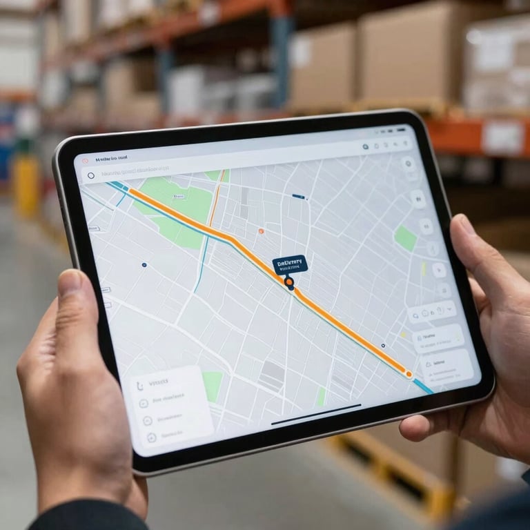 Close-up of a hand holding a digital tablet showing a delivery route map, blurred warehouse background.