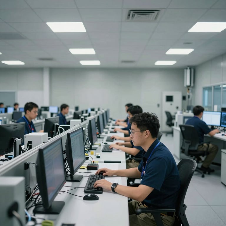 Interior of a high-tech telecommunications center with agents working at neat desks, soft white lighting.