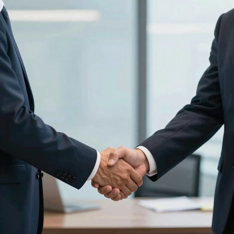 A professional handshake between two business executives in a modern Brazilian office setting, soft blue background.