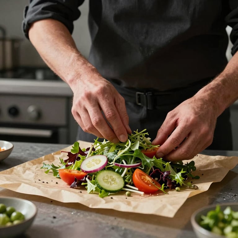 A professional food stylist arranging a vibrant salad in a modern kitchen with Crisp Parchment surfaces.