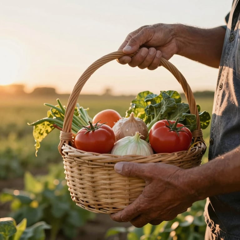 Close-up of a local farmer's hands holding a basket of organic produce in a North American / US field, warm golden hour lighting.