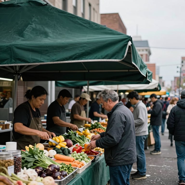Wide shot of a bustling local food market in a North American / US city with deep green awnings.
