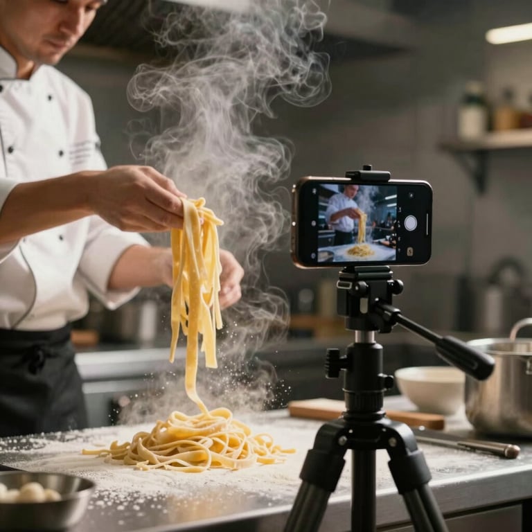 A smartphone on a tripod filming a chef tossing pasta in a professional kitchen, steam rising, high-contrast lighting.