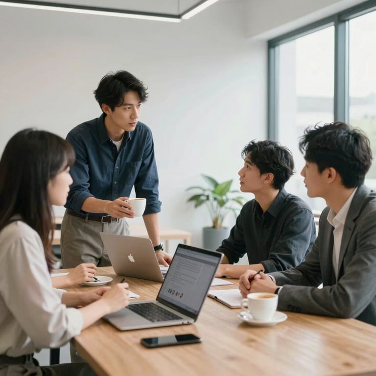 A digital marketing team discussing strategy over coffee in a bright, minimalist North American office space.
