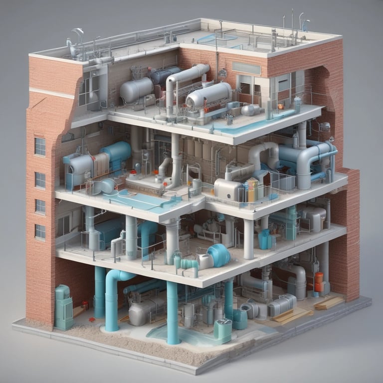 Technical illustration of water flow through pipes in a modern building
