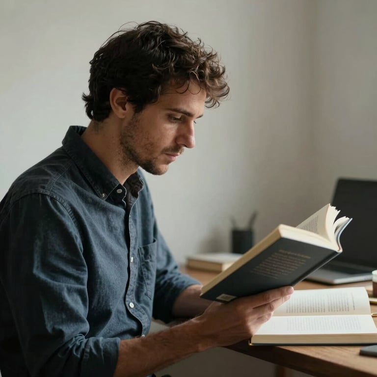 Retrato de perfil de Fernando Perales en un espacio de trabajo minimalista con luz natural suave, leyendo un libro con actitud reflexiva.