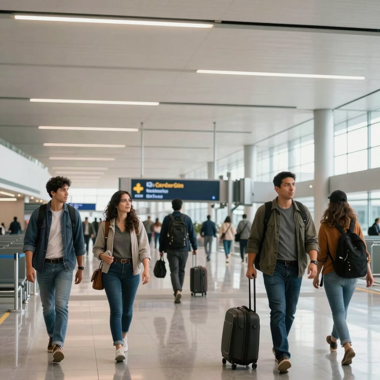 A modern, bright airport terminal with South American travelers walking towards their boarding gate.