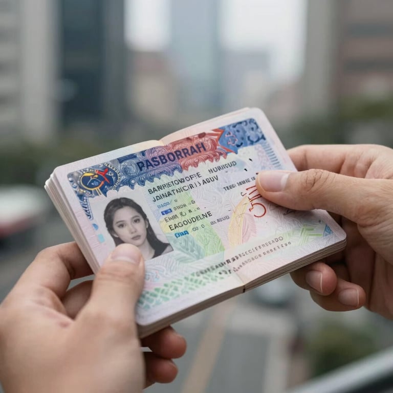 A detailed close-up of a hand holding an open passport with a fresh visa stamp, soft focus city background.