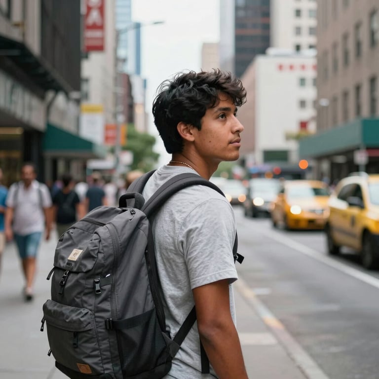 A young South American traveler with a backpack exploring a vibrant street in a major US city.