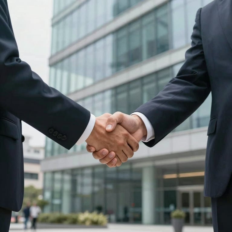 A professional handshake between two people in business attire within a modern, glass-walled office in Colombia.