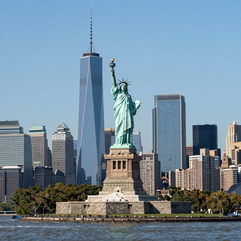 A clear, sunny view of the New York City skyline and the Statue of Liberty from a harbor viewpoint.
