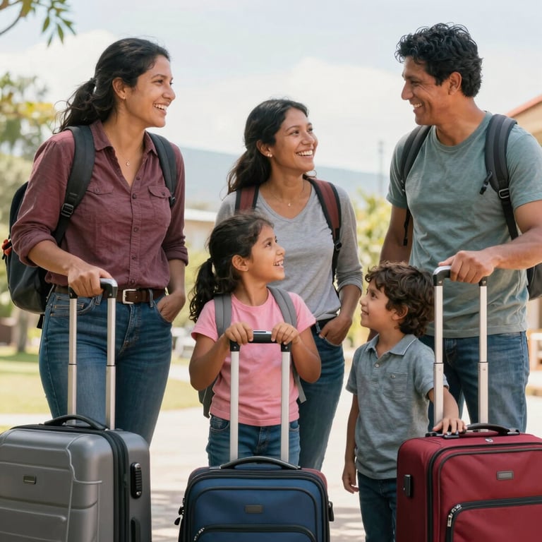 A happy South American family laughing together outdoors, preparing for a trip with suitcases, bright natural lighting.