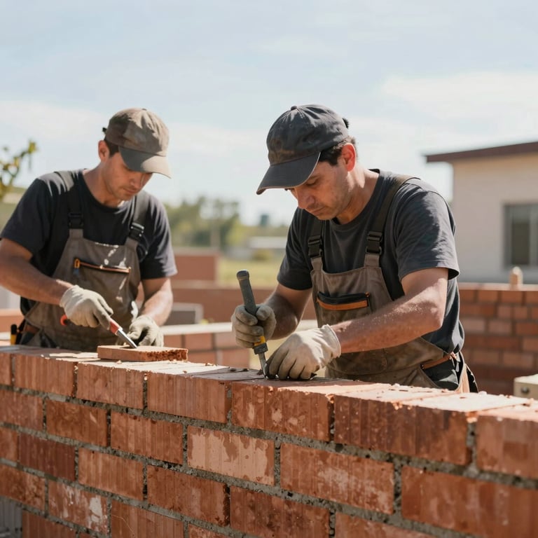 Professional masonry workers building a high-quality brick structure with precision tools, bright daylight.