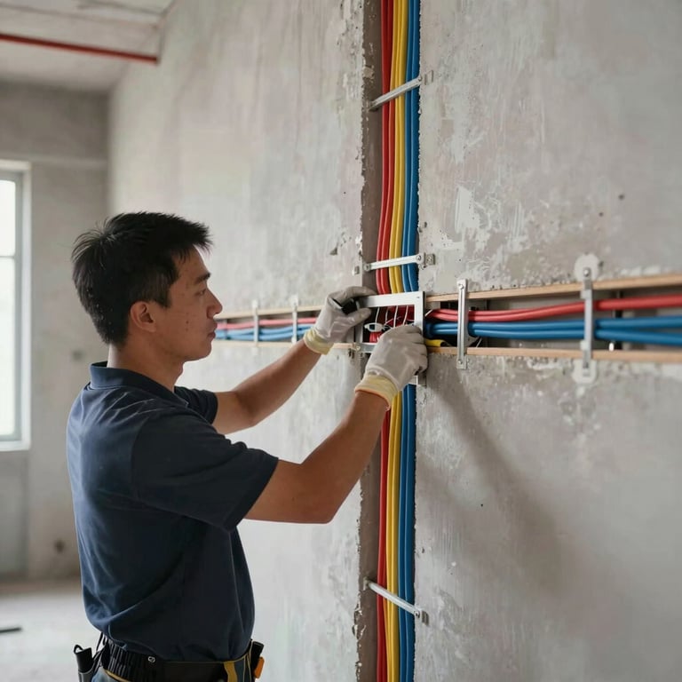 Interior shot of professional electrical installations being mounted in a new commercial building, clean and organized wiring.