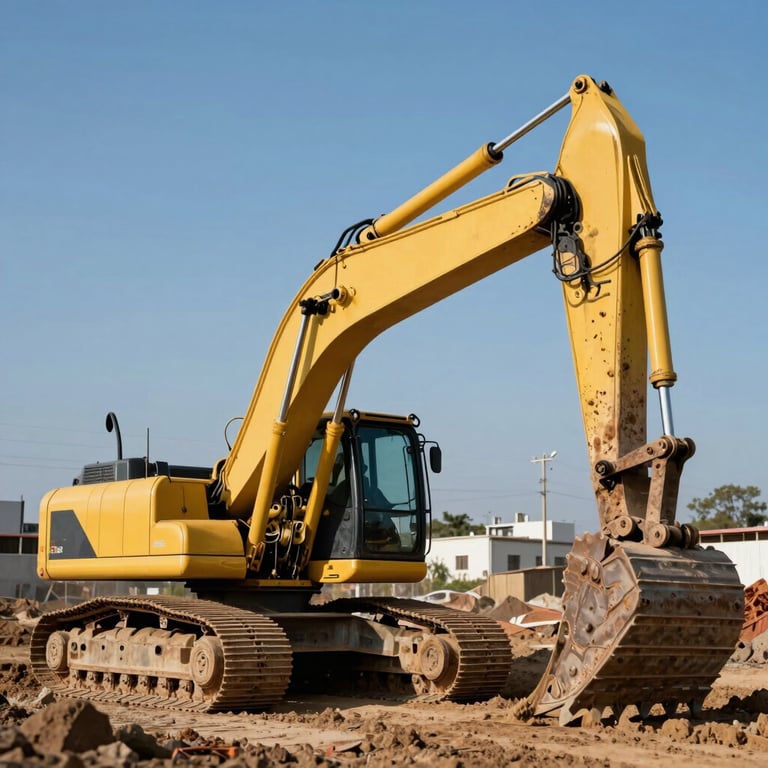 A large yellow excavator operating at an urbanization project site in a North American / Mexican setting, clear blue sky background.