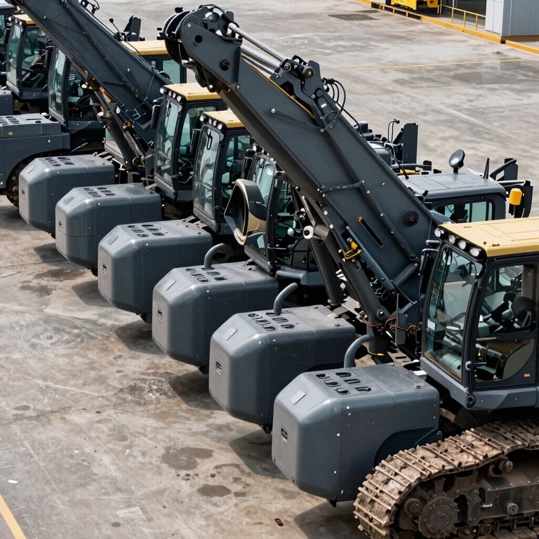 A fleet of heavy mining machinery parked in an organized row, displaying power and industrial capacity.