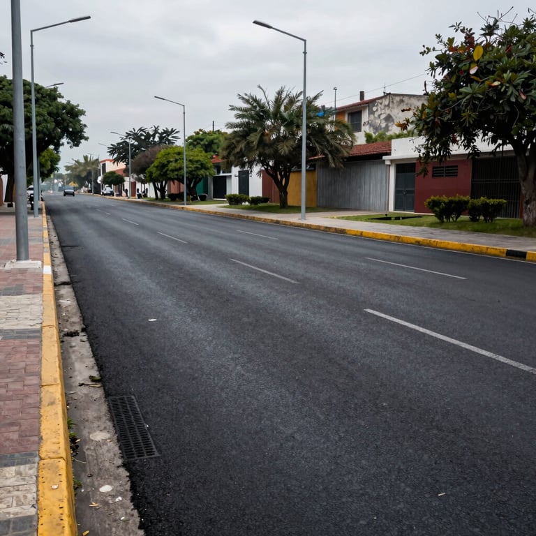 A wide shot of a newly paved urban road in Mexico, showing perfect asphalt and modern street lighting.