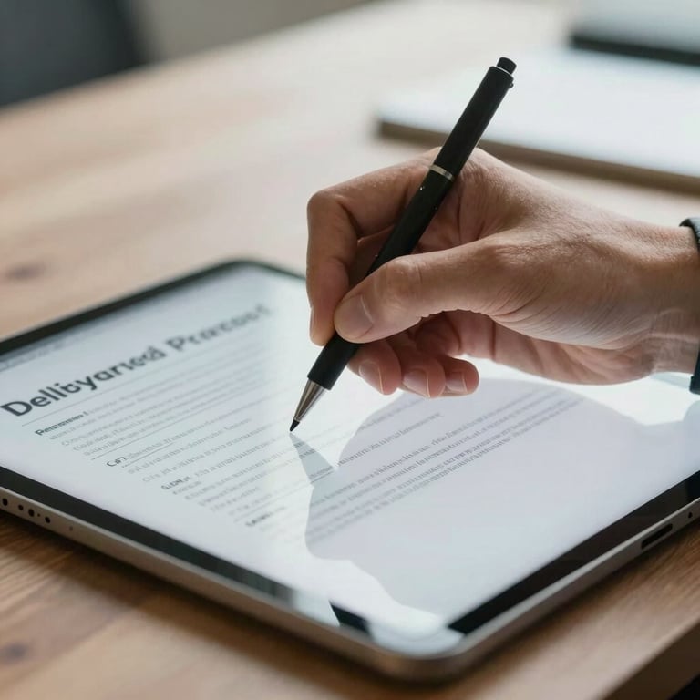 Close-up of a hand signing a digital delivery protocol on a tablet, professional business setting with natural lighting.