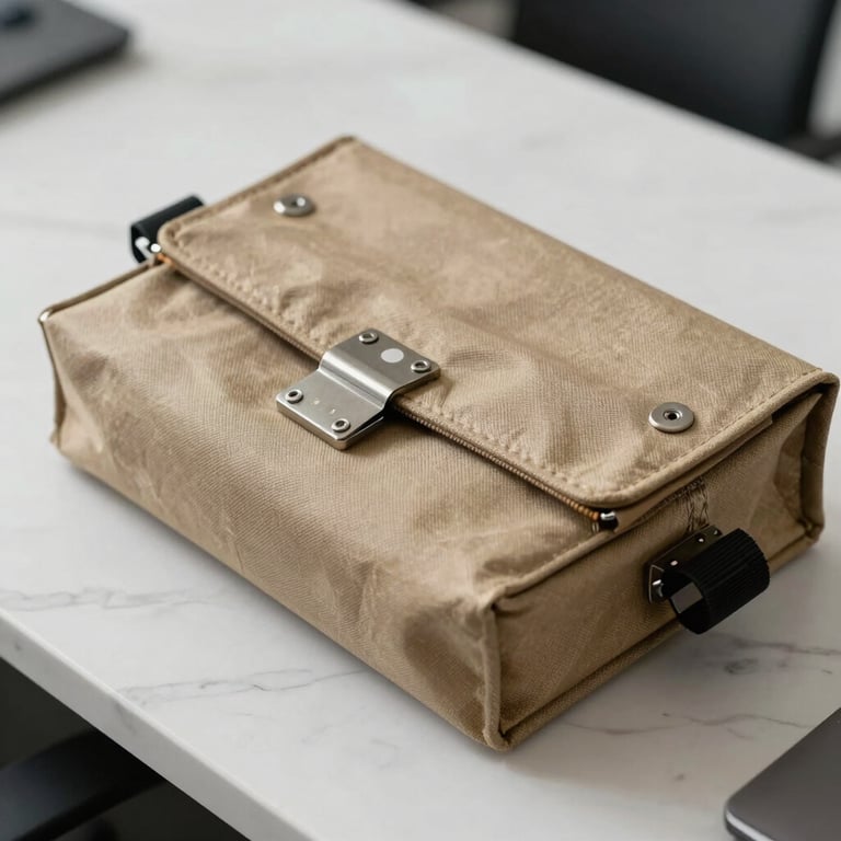 Interior detail of a secure document transport bag with a metallic safety seal, resting on a white marble office surface.