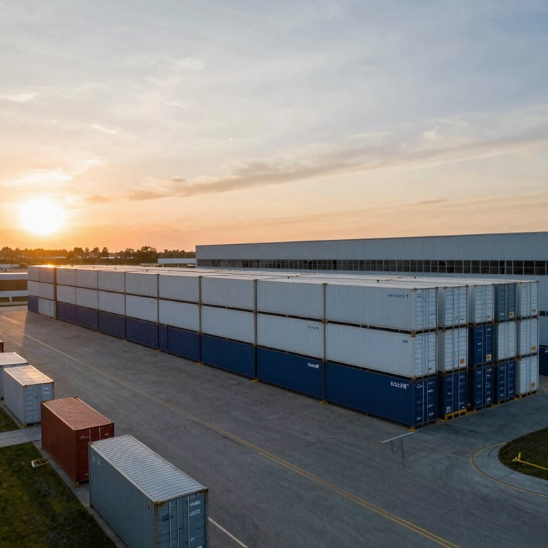 A wide shot of a logistics warehouse at sunset, organized and modern, reflecting reliability and large-scale operations.
