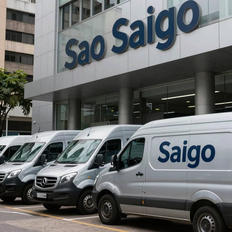 A fleet of silver logistics vans with dark blue branding parked in front of a modern corporate center in Sao Paulo, clean and professional style.