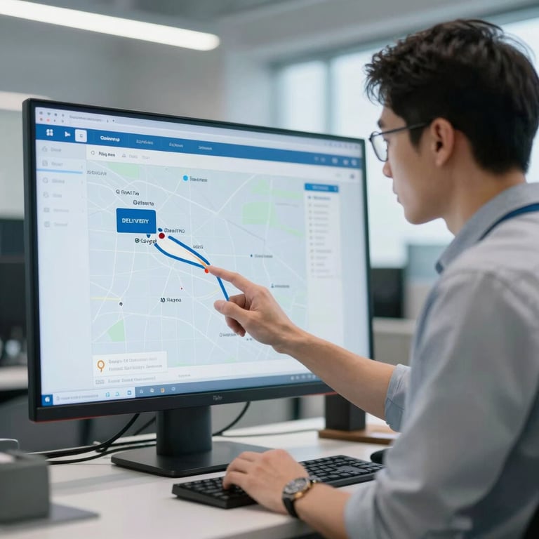 A logistics expert reviewing a delivery route on a digital screen in a high-tech office environment, light blue and white tones.