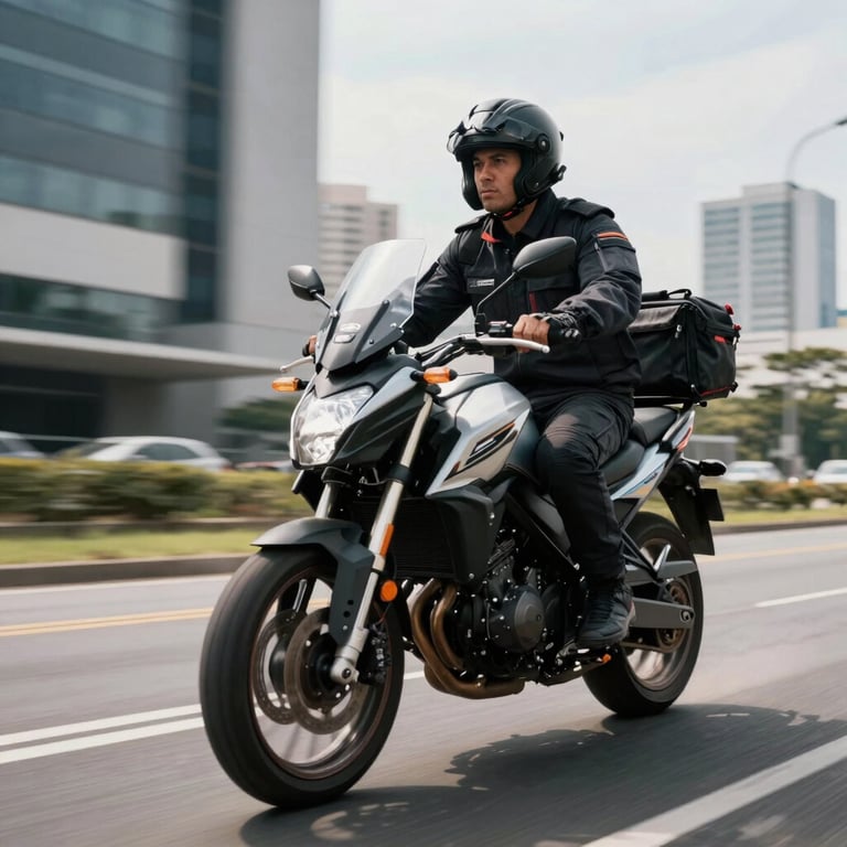 A courier on a modern motorcycle navigating a clean Brazilian business avenue during the day, focus on speed and efficiency.