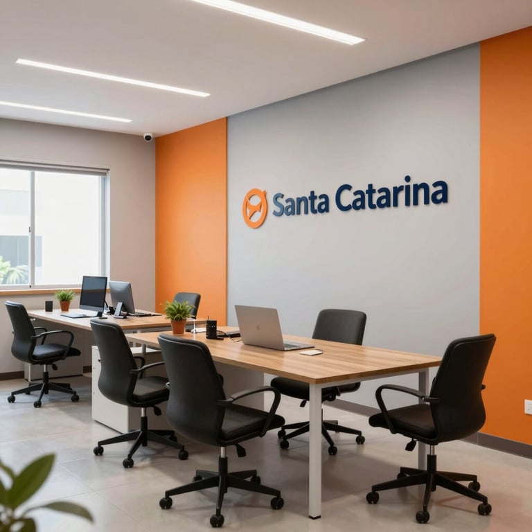 A bright, professional office interior in Santa Catarina, modern furniture, clean gray walls with orange decorative accents, South American / Brazilian setting.