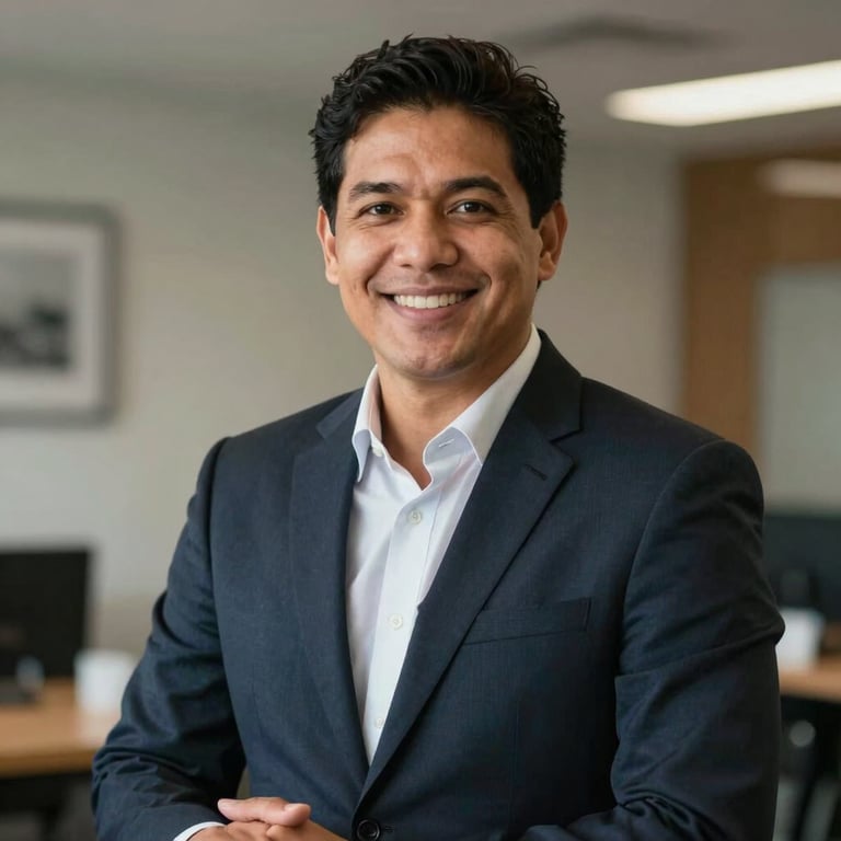 Smiling professional South American / Brazilian individual in a business setting, conveying trust and confidence.
