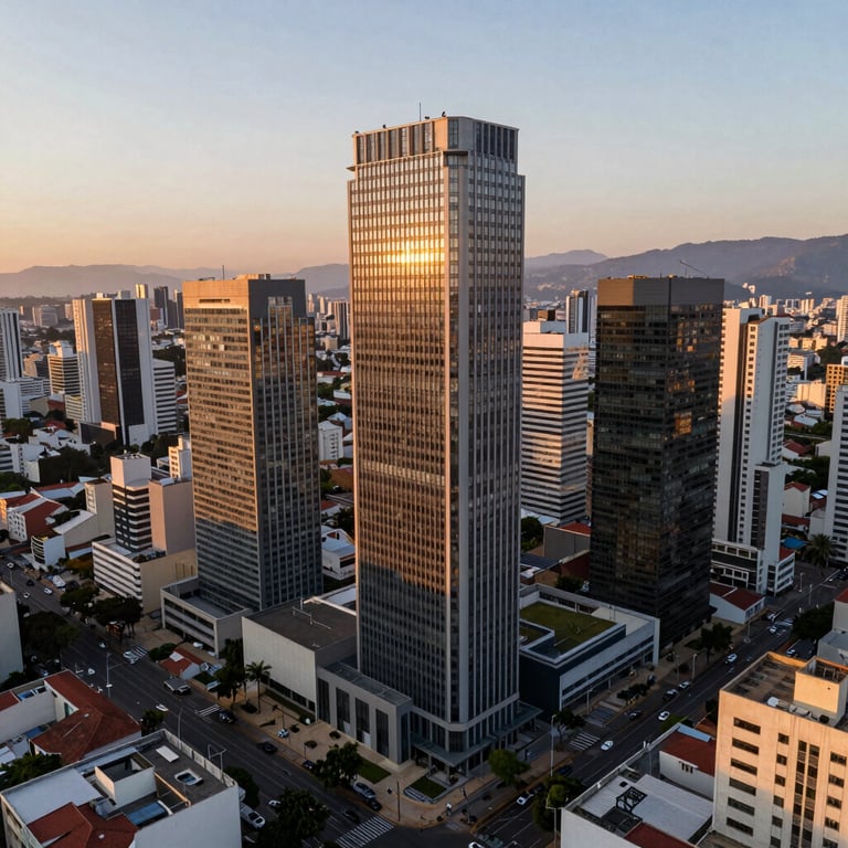 High-angle view of a modern urban business district in Santa Catarina, sunset lighting, professional photography style.