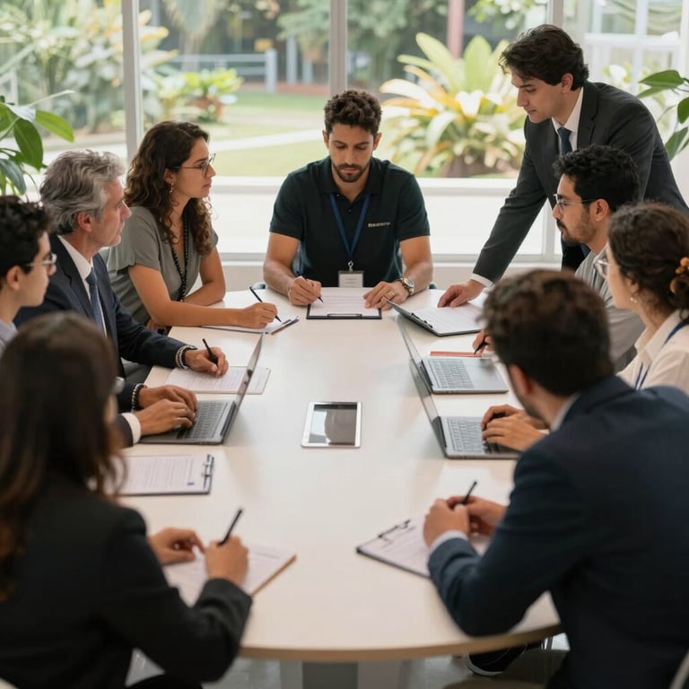 Team of professionals collaborating around a large table, professional and modern atmosphere, natural light, South American / Brazilian context.