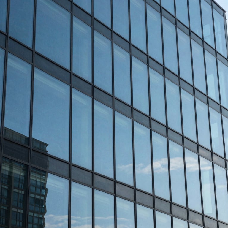 Abstract architectural shot of a modern glass building reflecting a blue sky, professional and clean aesthetic.