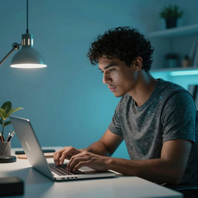 Professional using a laptop in a sleek, organized workspace, cyan ambient lighting, South American / Brazilian.