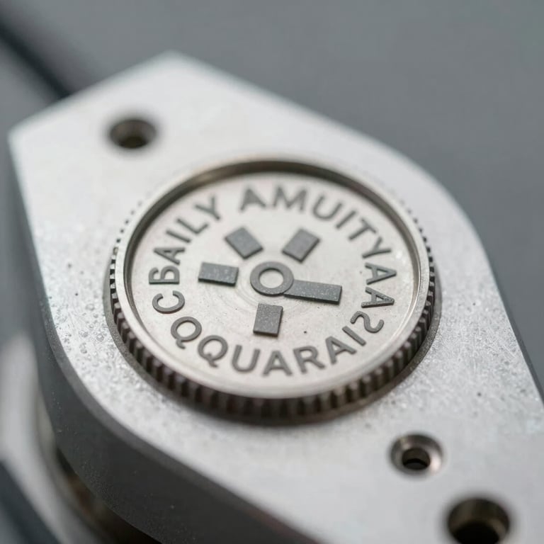 Macro shot of a quality assurance seal on a metallic aircraft component, highlighting precision and technical excellence.