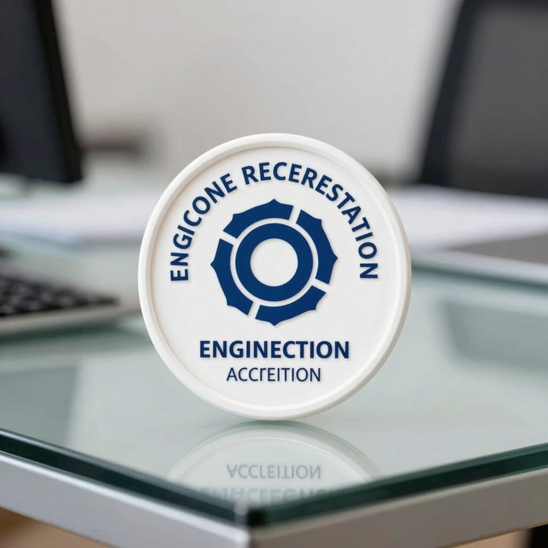 A close-up of an engineering accreditation badge sitting on a modern glass desk, professional and trustworthy atmosphere.