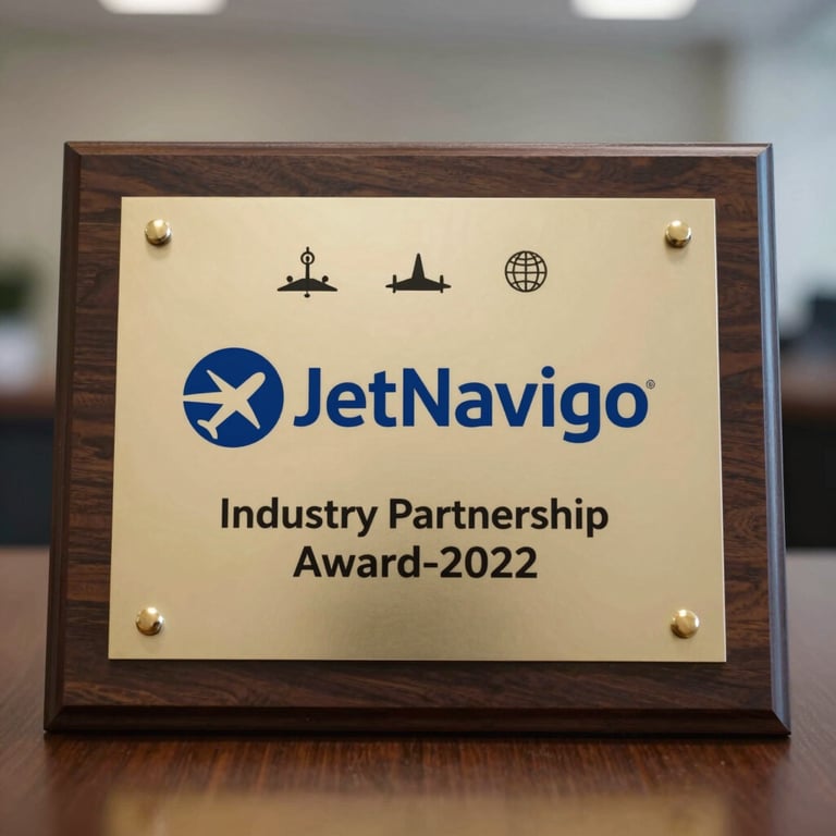 An industry partnership award plaque showcasing the JetNavigo logo alongside international aviation symbols.