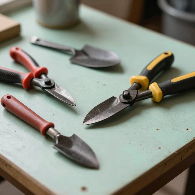 Close-up of gardening tools on a soft mint colored table in a South American / Brazilian workshop.