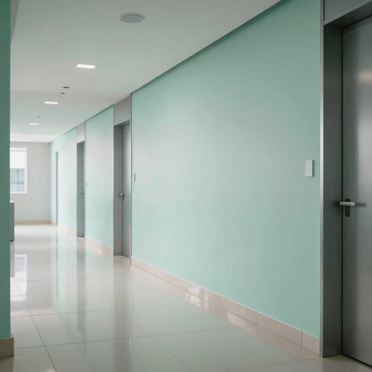 A clean, modern hallway in a Brazilian corporate building, reflecting the pale mist and soft mint brand colors.
