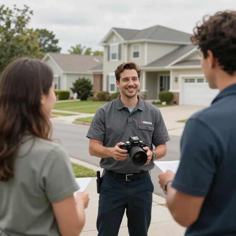 A wide shot of a technician greeting a customer in a North American / US residential neighborhood with a friendly smile.