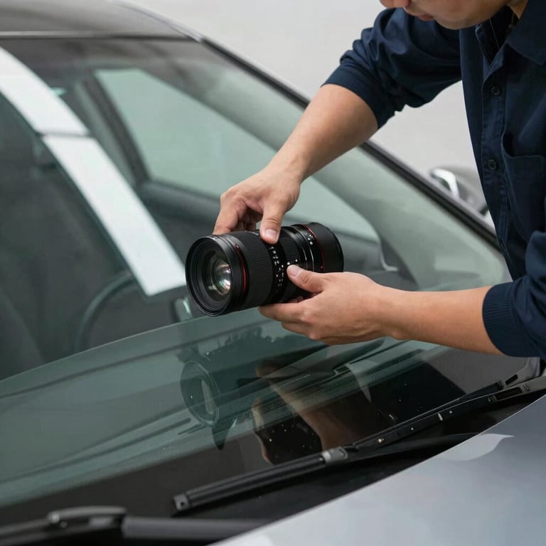 A detailed shot of a high-quality windshield being carefully set into place by a technician in a deep midnight navy shirt.