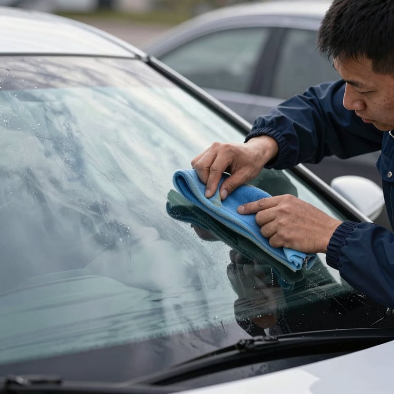 A technician cleaning a newly installed windshield to a sparkle, reflecting a cool frost white sky.